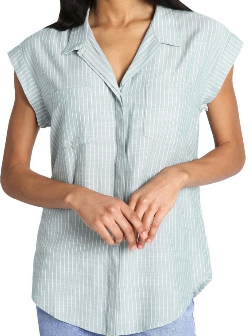 NEW JACHS Girlfriend Light Sage Striped Cap-Sleeve Button Down Shirt